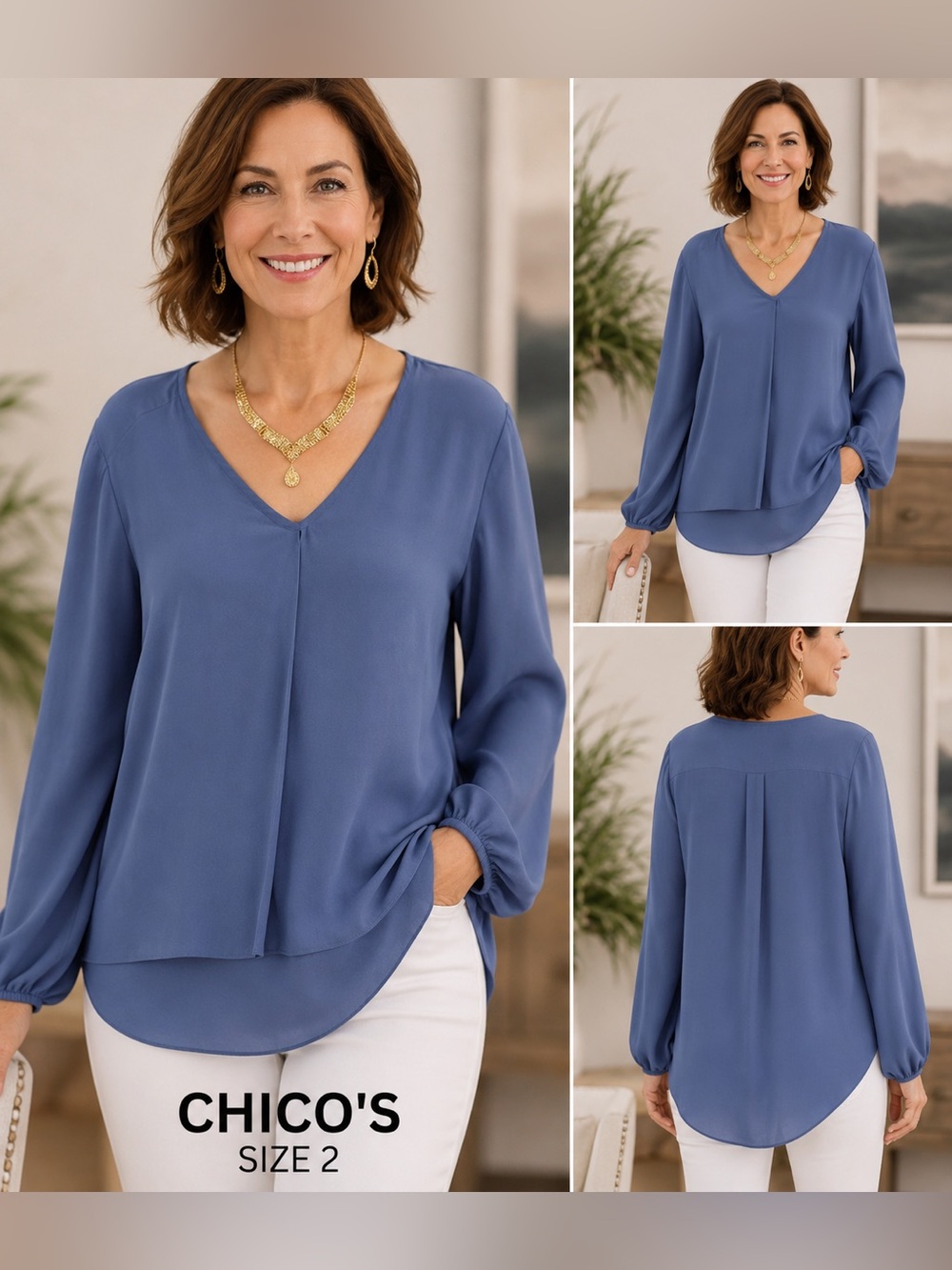 Chico's Women's Light Blue V-neck Blouse From The Brand Chico's.  Size 2